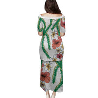 Hawaiian Tropical Flowers and Maile Pikake Family Matching Puletasi and Hawaiian Shirt Polynesian Tribal Pattern White Color LT03 - Polynesian Pride