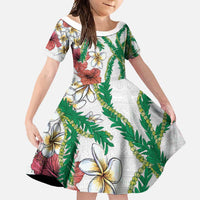 Hawaiian Tropical Flowers and Maile Pikake Family Matching Short Sleeve Bodycon Dress and Hawaiian Shirt Polynesian Tribal Pattern White Color LT03 Daughter's Dress White - Polynesian Pride