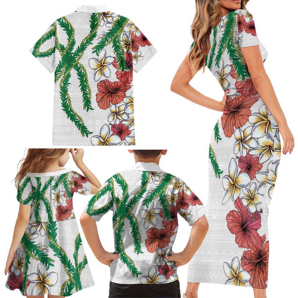 Hawaiian Tropical Flowers and Maile Pikake Family Matching Short Sleeve Bodycon Dress and Hawaiian Shirt Polynesian Tribal Pattern White Color LT03 - Polynesian Pride