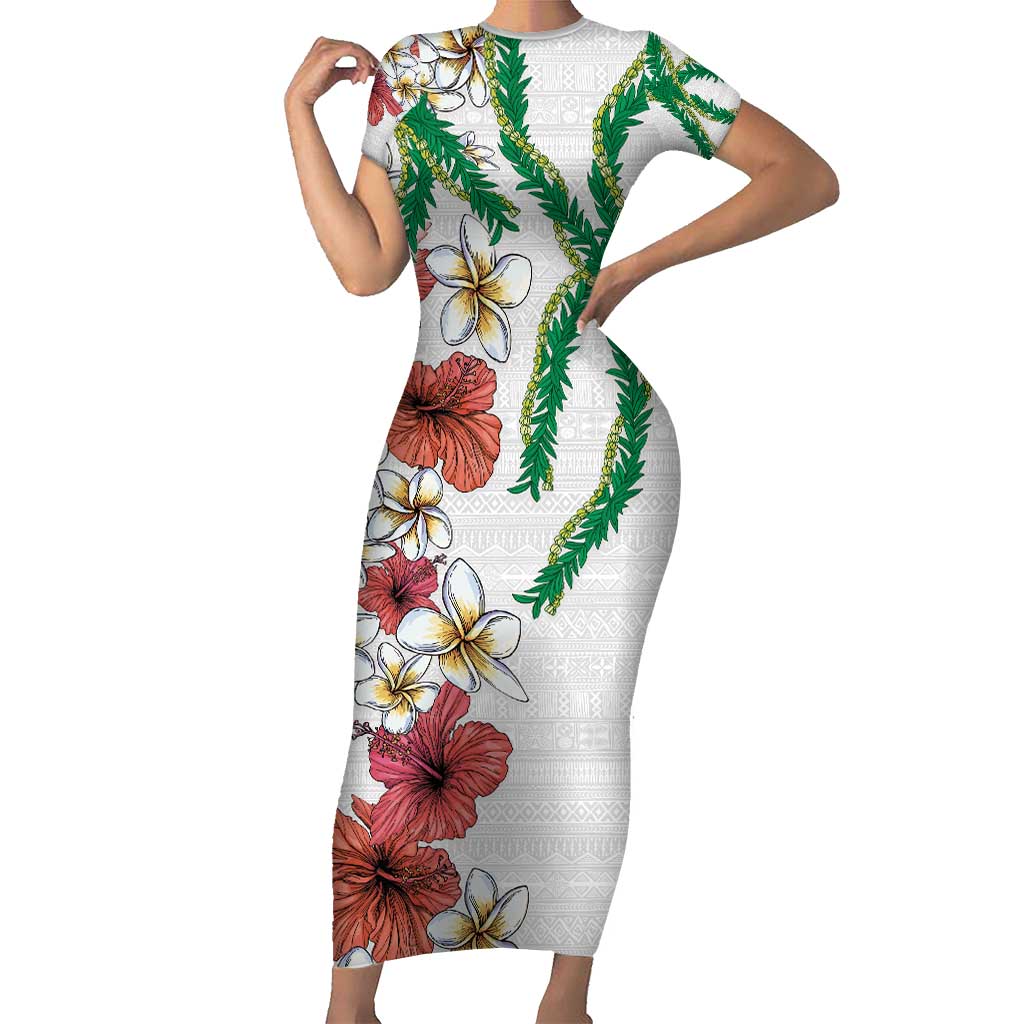 Hawaiian Tropical Flowers and Maile Pikake Family Matching Short Sleeve Bodycon Dress and Hawaiian Shirt Polynesian Tribal Pattern White Color LT03 Mom's Dress White - Polynesian Pride