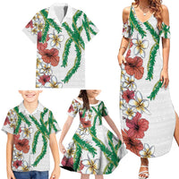 Hawaiian Tropical Flowers and Maile Pikake Family Matching Summer Maxi Dress and Hawaiian Shirt Polynesian Tribal Pattern White Color LT03 - Polynesian Pride