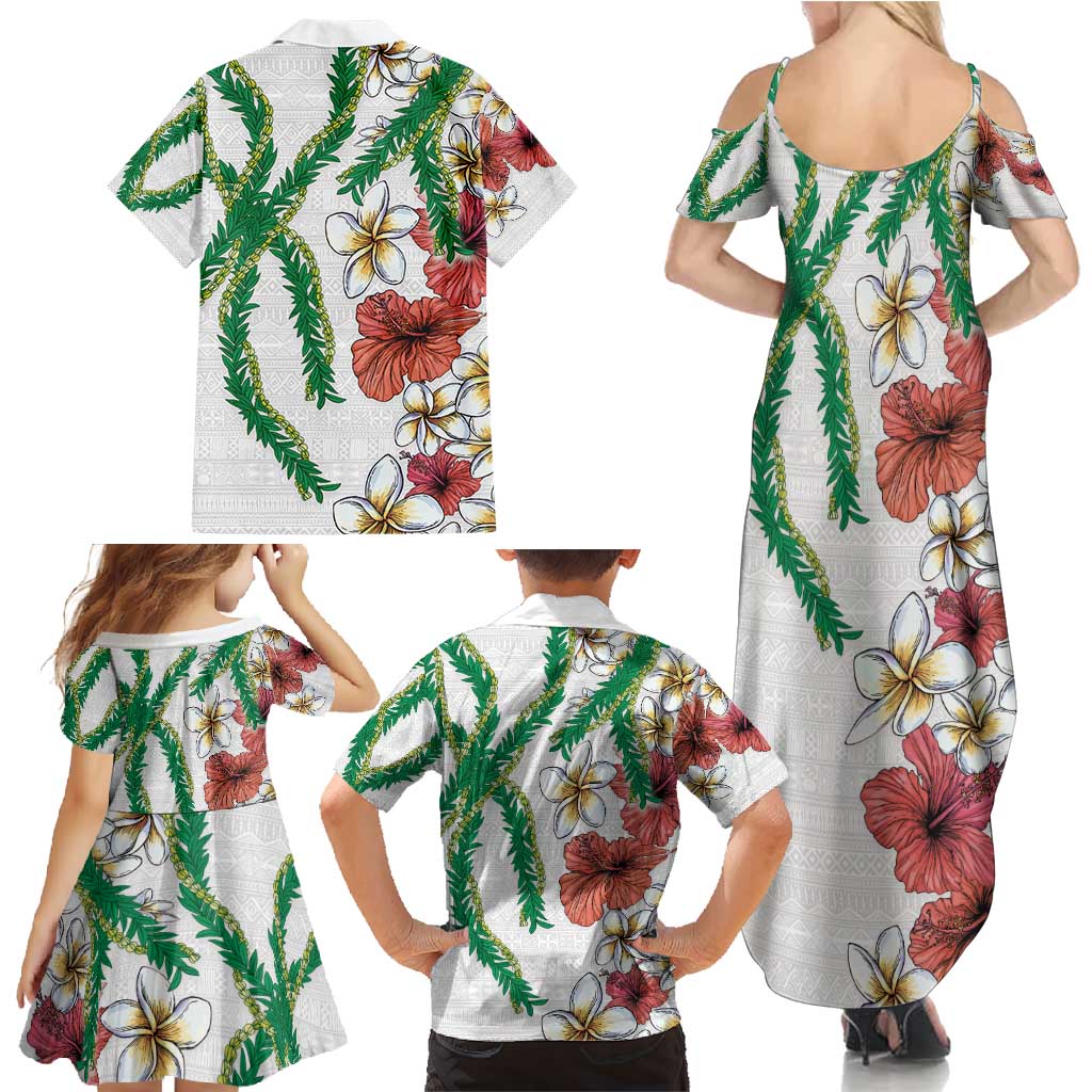 Hawaiian Tropical Flowers and Maile Pikake Family Matching Summer Maxi Dress and Hawaiian Shirt Polynesian Tribal Pattern White Color LT03 - Polynesian Pride