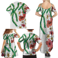 Hawaiian Tropical Flowers and Maile Pikake Family Matching Summer Maxi Dress and Hawaiian Shirt Polynesian Tribal Pattern White Color LT03 - Polynesian Pride