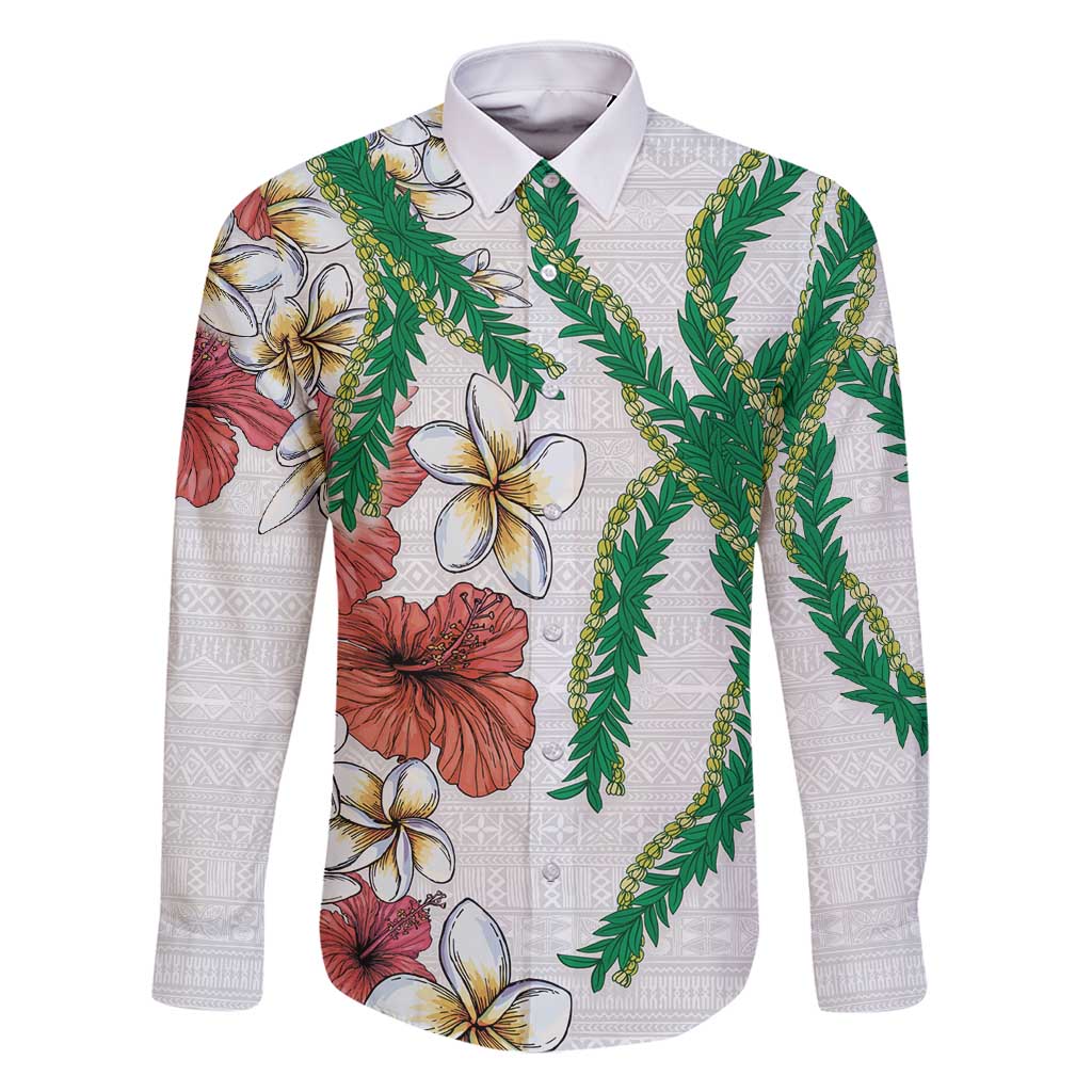 Hawaiian Tropical Flowers and Maile Pikake Family Matching Summer Maxi Dress and Hawaiian Shirt Polynesian Tribal Pattern White Color LT03 Dad's Shirt - Long Sleeve White - Polynesian Pride