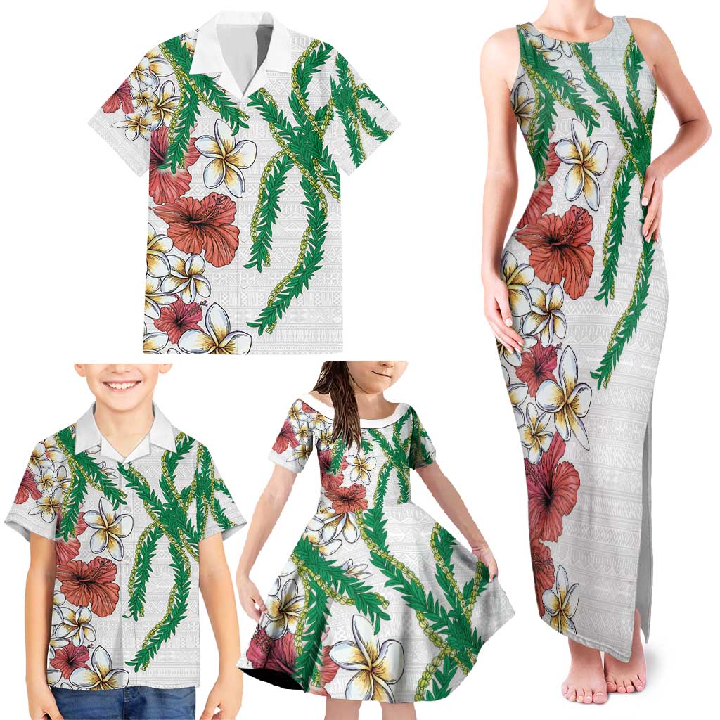 Hawaiian Tropical Flowers and Maile Pikake Family Matching Tank Maxi Dress and Hawaiian Shirt Polynesian Tribal Pattern White Color LT03 - Polynesian Pride