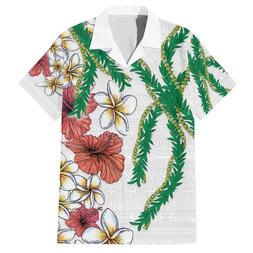 Hawaiian Tropical Flowers and Maile Pikake Family Matching Tank Maxi Dress and Hawaiian Shirt Polynesian Tribal Pattern White Color LT03 Dad's Shirt - Short Sleeve White - Polynesian Pride