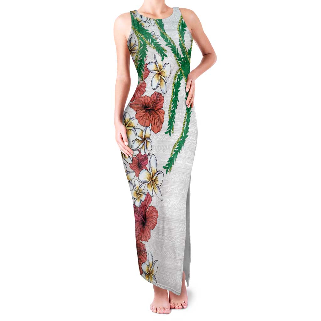 Hawaiian Tropical Flowers and Maile Pikake Family Matching Tank Maxi Dress and Hawaiian Shirt Polynesian Tribal Pattern White Color LT03 Mom's Dress White - Polynesian Pride