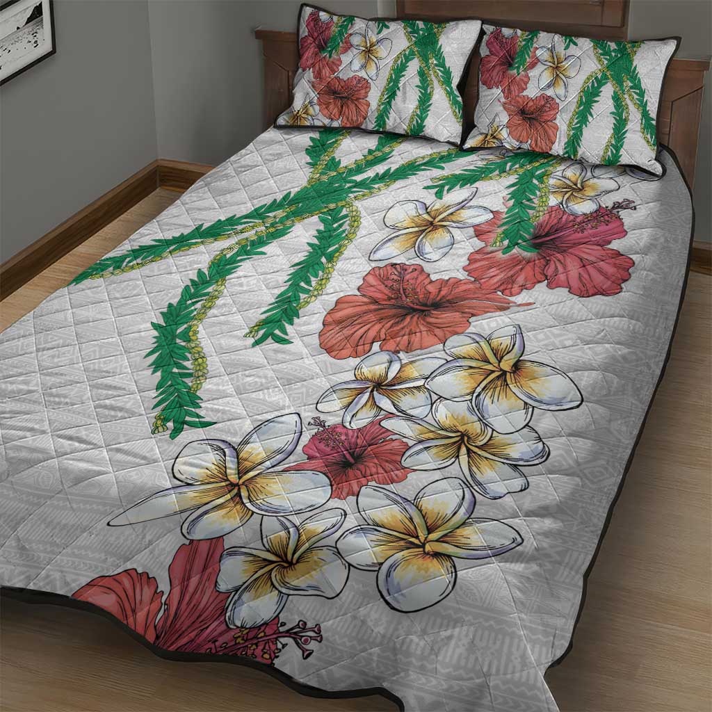 Hawaiian Tropical Flowers and Maile Pikake Quilt Bed Set Polynesian Tribal Pattern White Color