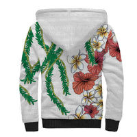 Hawaiian Tropical Flowers and Maile Pikake Sherpa Hoodie Polynesian Tribal Pattern White Color