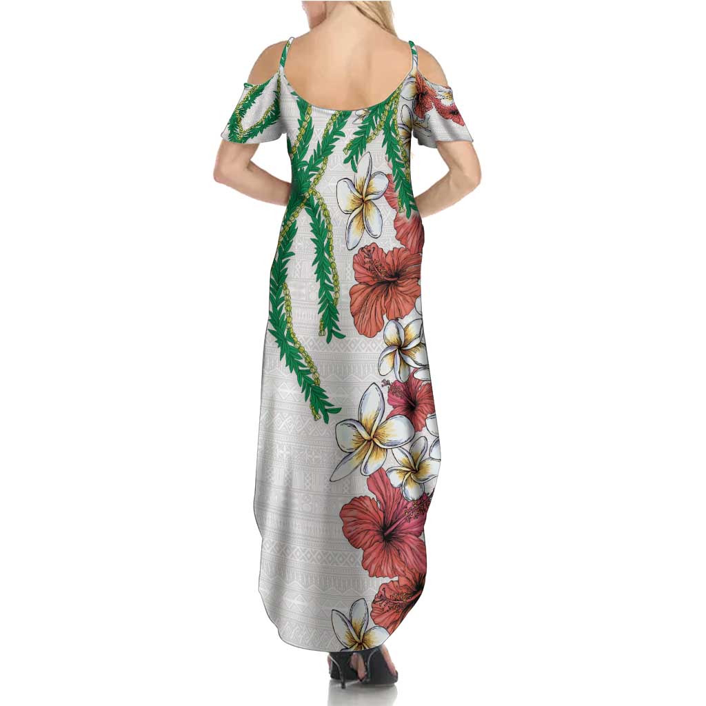 Hawaiian Tropical Flowers and Maile Pikake Summer Maxi Dress Polynesian Tribal Pattern White Color
