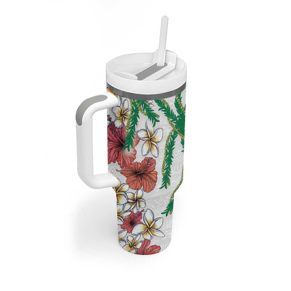 Hawaiian Tropical Flowers and Maile Pikake Tumbler With Handle Polynesian Tribal Pattern White Color