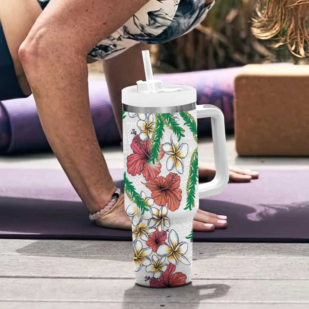 Hawaiian Tropical Flowers and Maile Pikake Tumbler With Handle Polynesian Tribal Pattern White Color