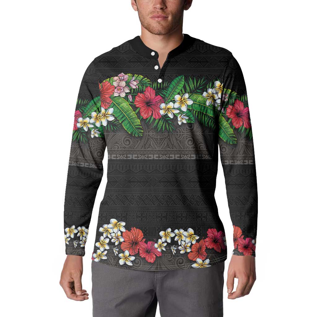 Hawaiian Tropical Flowers and Tribal Polynesian Tattoo Button Sweatshirt Black Color