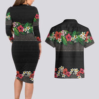 Hawaiian Tropical Flowers and Tribal Polynesian Tattoo Couples Matching Long Sleeve Bodycon Dress and Hawaiian Shirt Black Color LT03 - Polynesian Pride