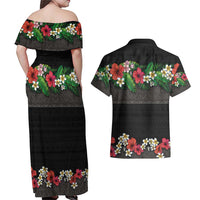 Hawaiian Tropical Flowers and Tribal Polynesian Tattoo Couples Matching Off Shoulder Maxi Dress and Hawaiian Shirt Black Color LT03 - Polynesian Pride