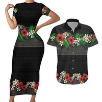 Hawaiian Tropical Flowers and Tribal Polynesian Tattoo Couples Matching Short Sleeve Bodycon Dress and Hawaiian Shirt Black Color LT03 Black - Polynesian Pride