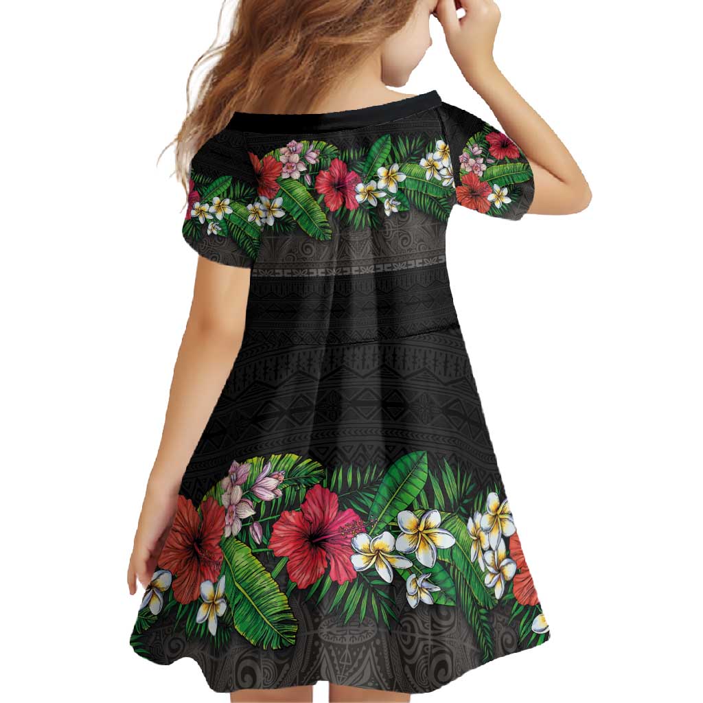 Hawaiian Tropical Flowers and Tribal Polynesian Tattoo Family Matching Long Sleeve Bodycon Dress and Hawaiian Shirt Black Color LT03 - Polynesian Pride