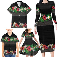 Hawaiian Tropical Flowers and Tribal Polynesian Tattoo Family Matching Long Sleeve Bodycon Dress and Hawaiian Shirt Black Color LT03 - Polynesian Pride