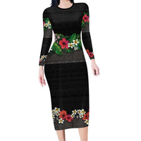 Hawaiian Tropical Flowers and Tribal Polynesian Tattoo Family Matching Long Sleeve Bodycon Dress and Hawaiian Shirt Black Color LT03 Mom's Dress Black - Polynesian Pride