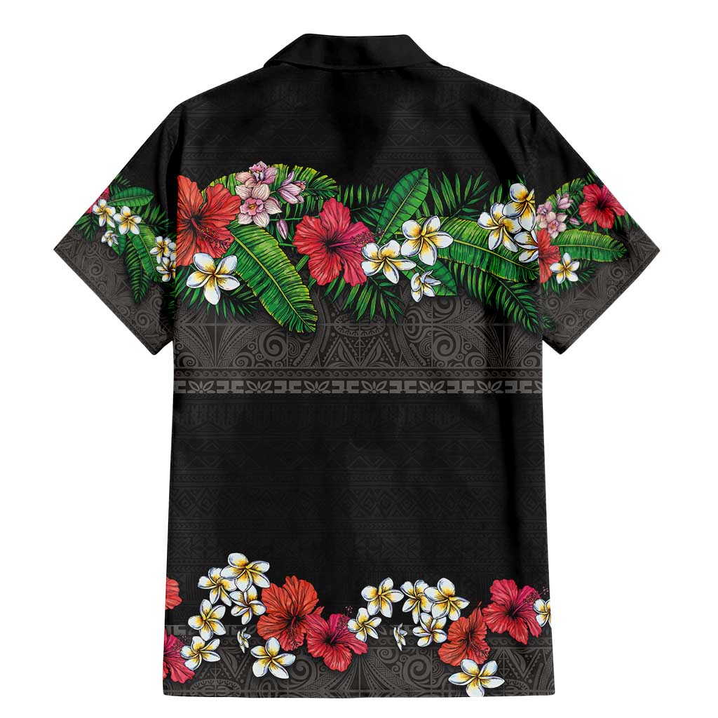 Hawaiian Tropical Flowers and Tribal Polynesian Tattoo Family Matching Mermaid Dress and Hawaiian Shirt Black Color LT03 - Polynesian Pride
