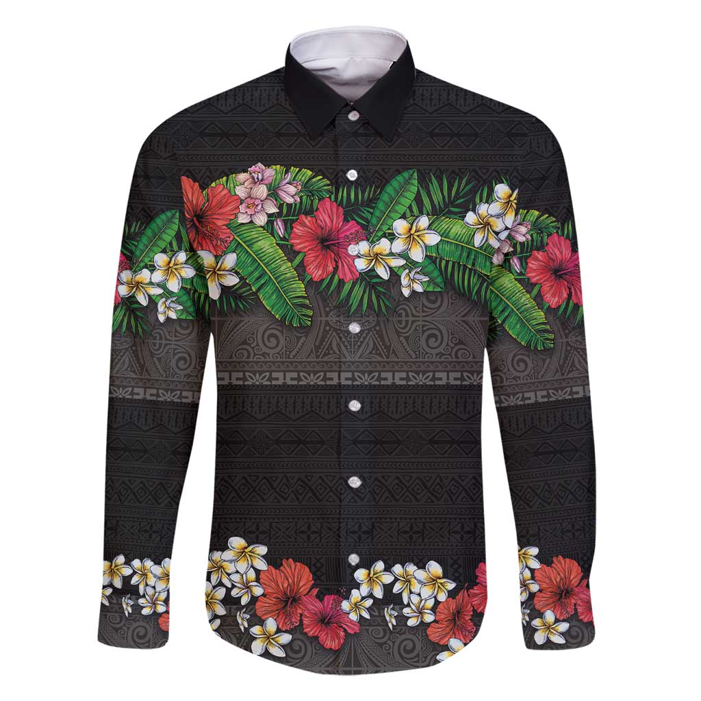Hawaiian Tropical Flowers and Tribal Polynesian Tattoo Family Matching Mermaid Dress and Hawaiian Shirt Black Color LT03 Dad's Shirt - Long Sleeve Black - Polynesian Pride