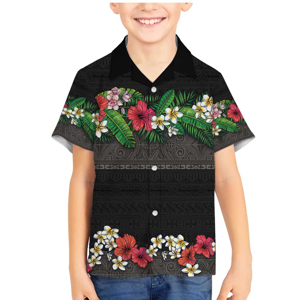 Hawaiian Tropical Flowers and Tribal Polynesian Tattoo Family Matching Mermaid Dress and Hawaiian Shirt Black Color LT03 Son's Shirt Black - Polynesian Pride