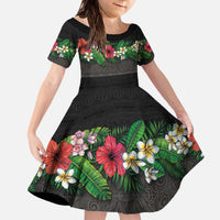 Hawaiian Tropical Flowers and Tribal Polynesian Tattoo Family Matching Off The Shoulder Long Sleeve Dress and Hawaiian Shirt Black Color LT03 Daughter's Dress Black - Polynesian Pride