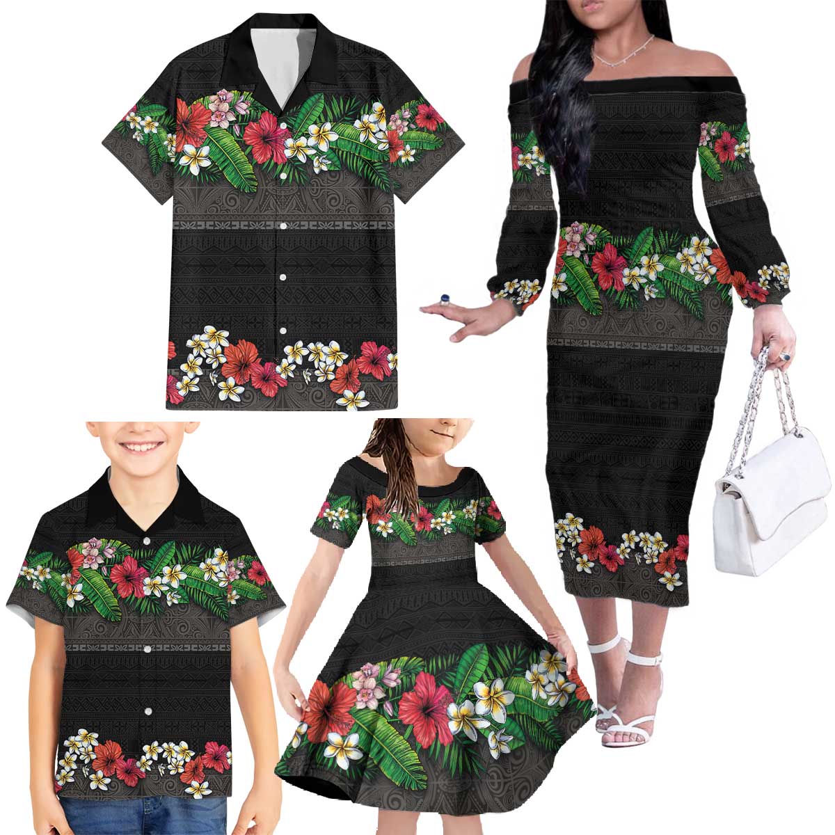 Hawaiian Tropical Flowers and Tribal Polynesian Tattoo Family Matching Off The Shoulder Long Sleeve Dress and Hawaiian Shirt Black Color LT03 - Polynesian Pride