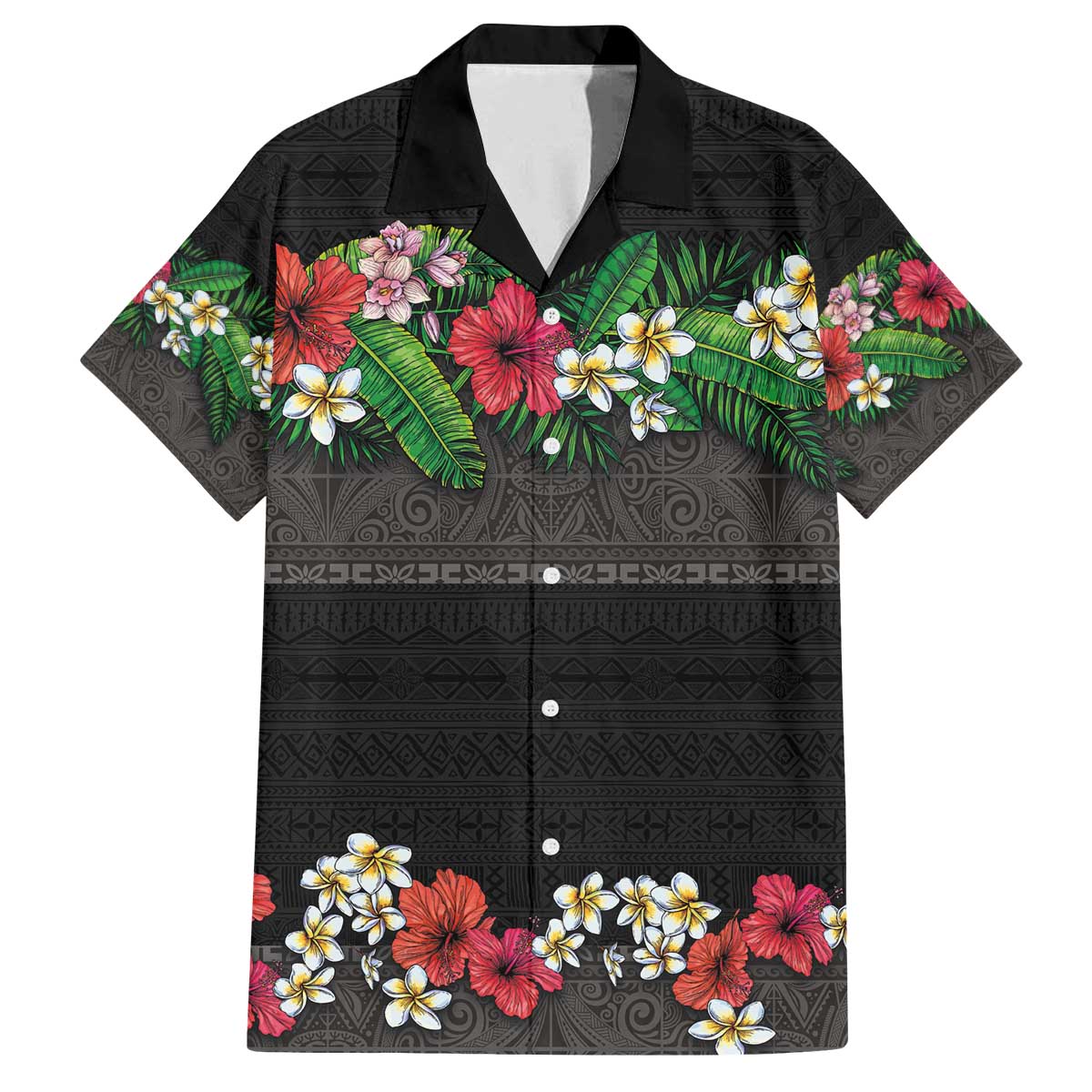 Hawaiian Tropical Flowers and Tribal Polynesian Tattoo Family Matching Off The Shoulder Long Sleeve Dress and Hawaiian Shirt Black Color LT03 Dad's Shirt - Short Sleeve Black - Polynesian Pride