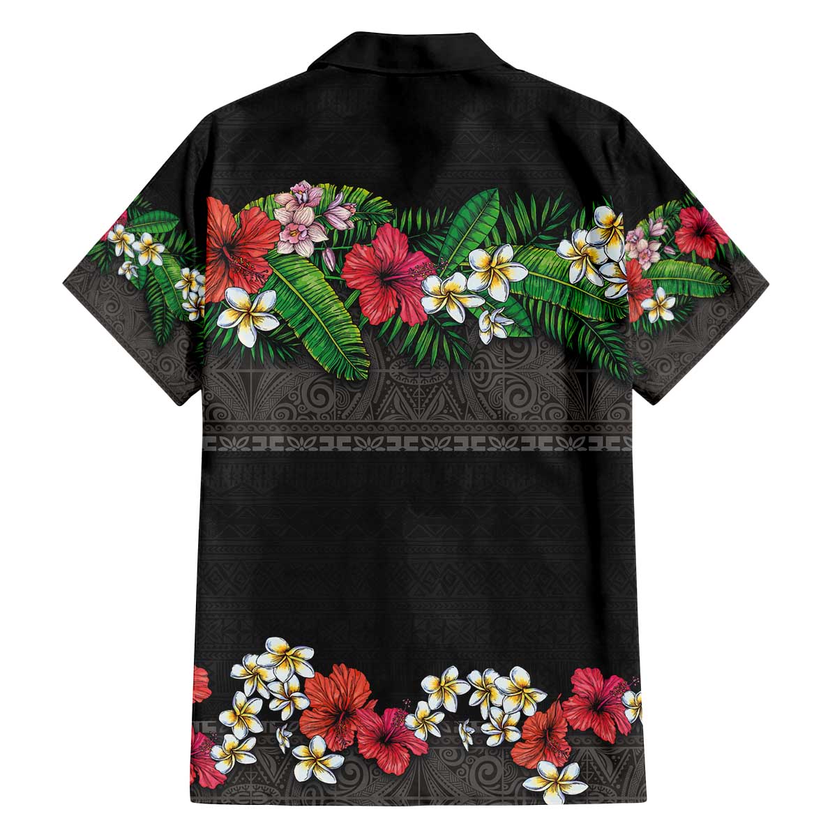Hawaiian Tropical Flowers and Tribal Polynesian Tattoo Family Matching Off The Shoulder Long Sleeve Dress and Hawaiian Shirt Black Color LT03 - Polynesian Pride