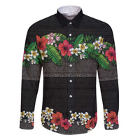 Hawaiian Tropical Flowers and Tribal Polynesian Tattoo Family Matching Off The Shoulder Long Sleeve Dress and Hawaiian Shirt Black Color LT03 Dad's Shirt - Long Sleeve Black - Polynesian Pride