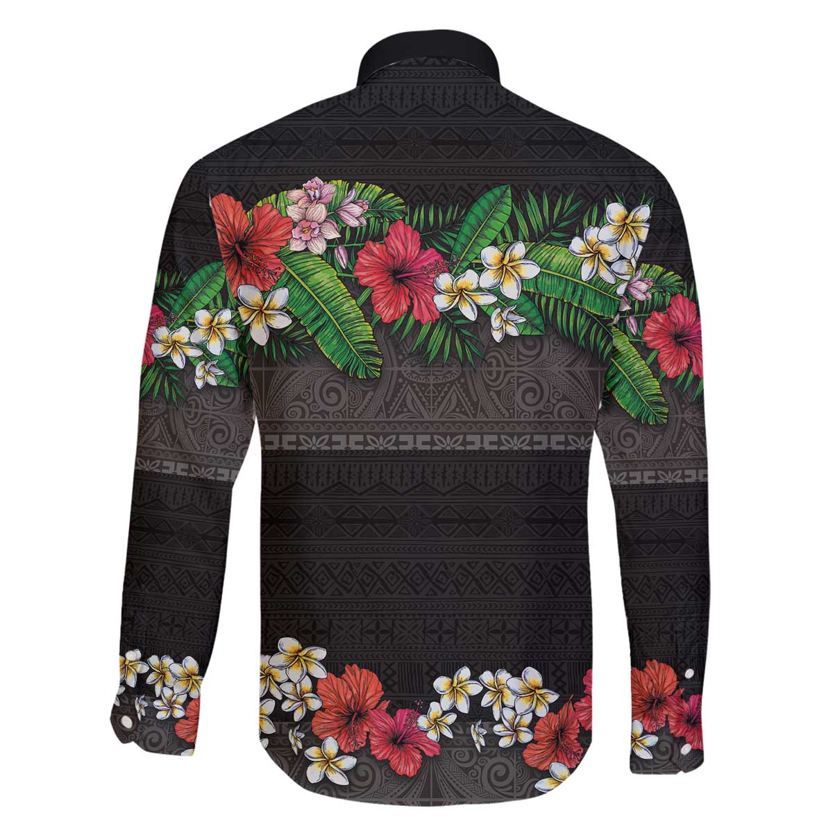 Hawaiian Tropical Flowers and Tribal Polynesian Tattoo Family Matching Off The Shoulder Long Sleeve Dress and Hawaiian Shirt Black Color LT03 - Polynesian Pride