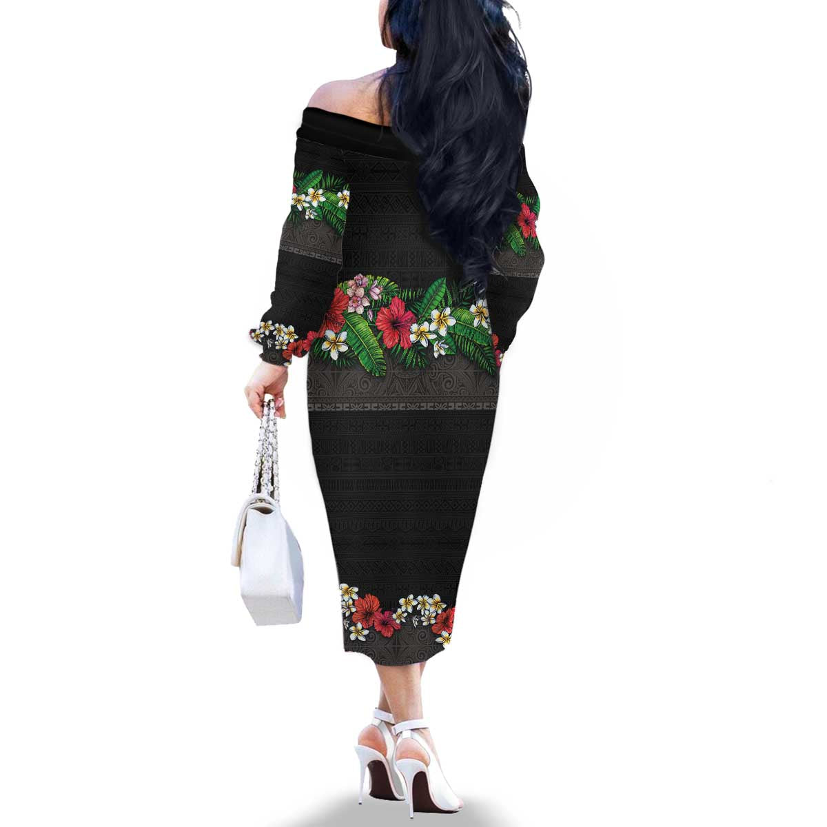 Hawaiian Tropical Flowers and Tribal Polynesian Tattoo Family Matching Off The Shoulder Long Sleeve Dress and Hawaiian Shirt Black Color LT03 - Polynesian Pride