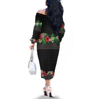 Hawaiian Tropical Flowers and Tribal Polynesian Tattoo Family Matching Off The Shoulder Long Sleeve Dress and Hawaiian Shirt Black Color LT03 - Polynesian Pride
