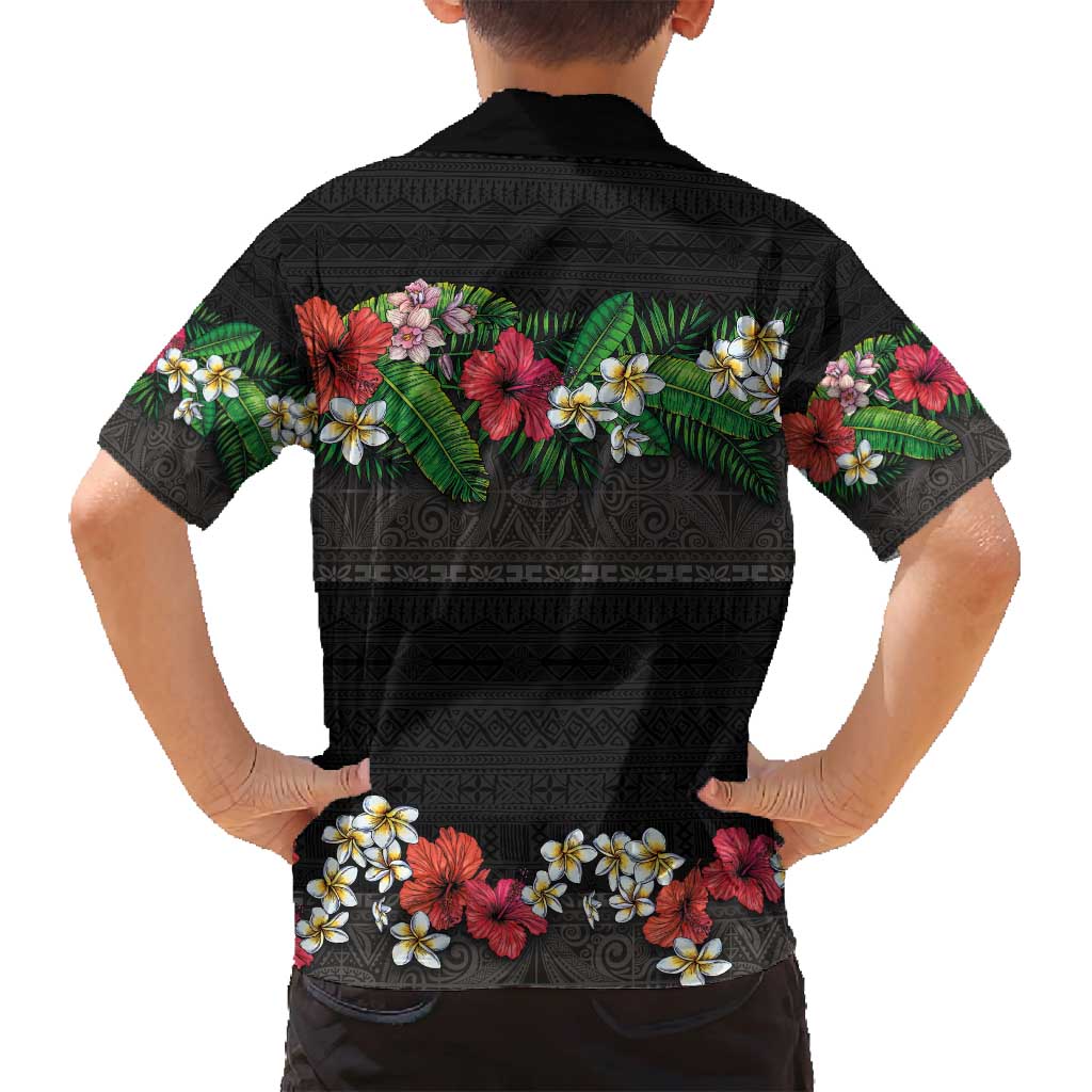 Hawaiian Tropical Flowers and Tribal Polynesian Tattoo Family Matching Off Shoulder Maxi Dress and Hawaiian Shirt Black Color LT03 - Polynesian Pride