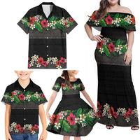 Hawaiian Tropical Flowers and Tribal Polynesian Tattoo Family Matching Off Shoulder Maxi Dress and Hawaiian Shirt Black Color LT03 - Polynesian Pride
