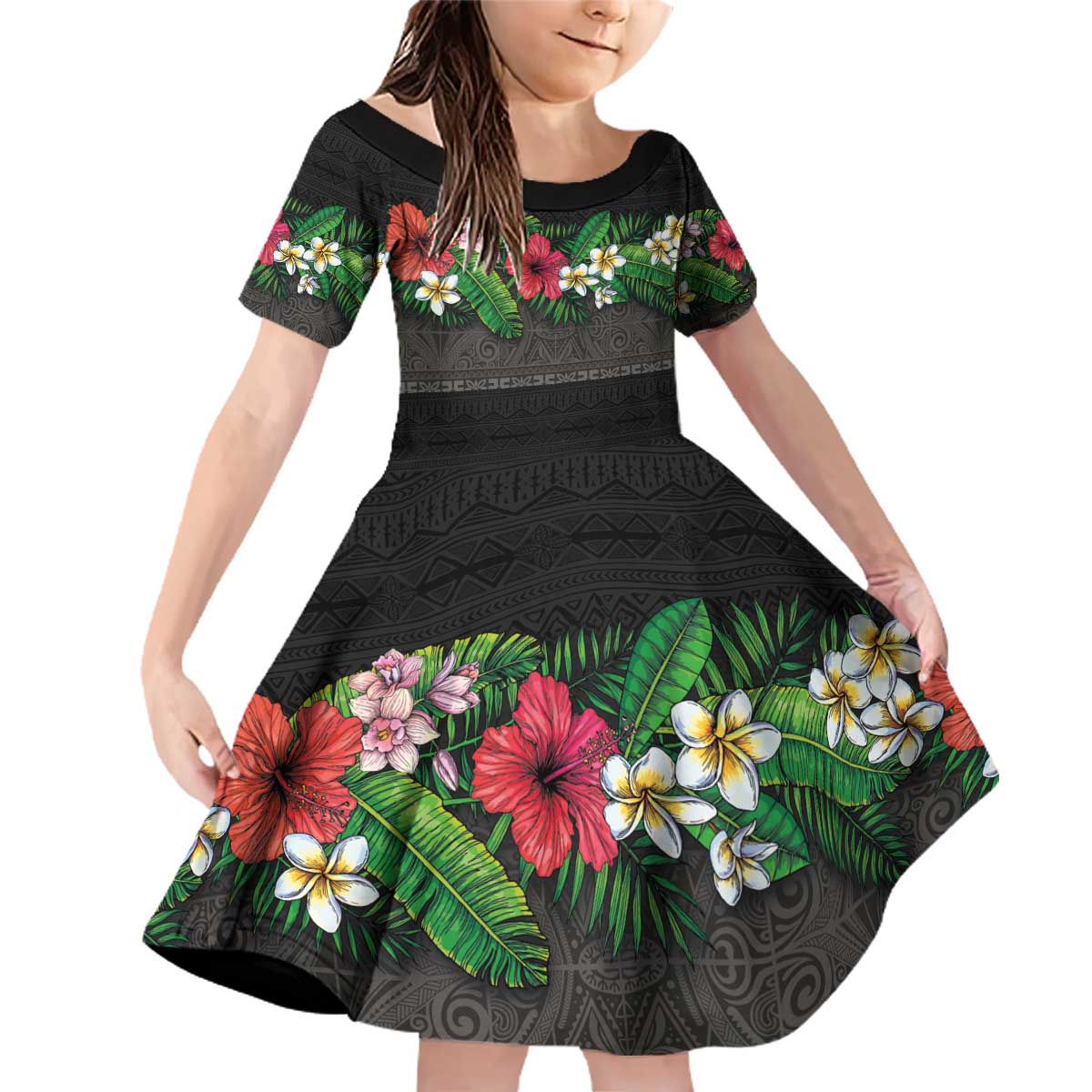 Hawaiian Tropical Flowers and Tribal Polynesian Tattoo Family Matching Off Shoulder Short Dress and Hawaiian Shirt Black Color LT03 Daughter's Dress Black - Polynesian Pride