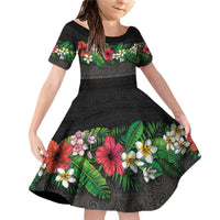 Hawaiian Tropical Flowers and Tribal Polynesian Tattoo Family Matching Off Shoulder Short Dress and Hawaiian Shirt Black Color LT03 Daughter's Dress Black - Polynesian Pride
