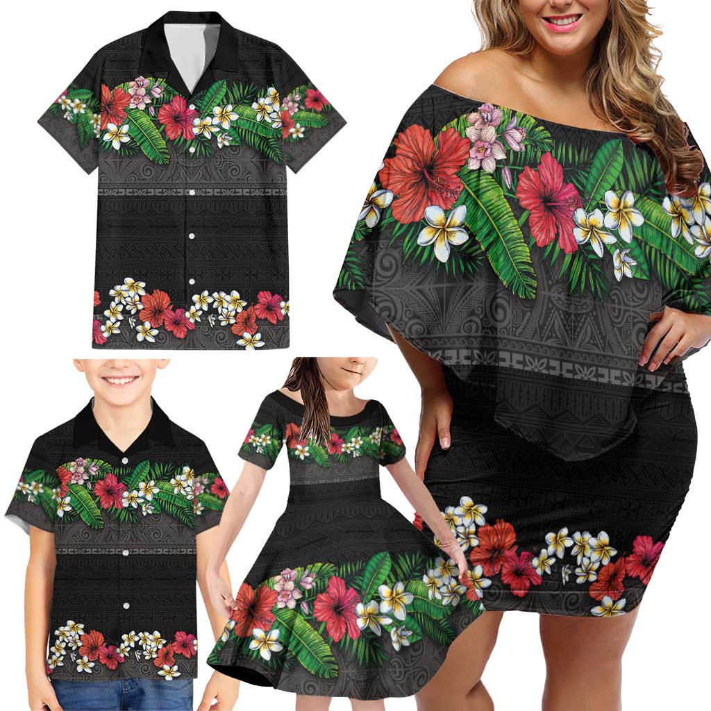 Hawaiian Tropical Flowers and Tribal Polynesian Tattoo Family Matching Off Shoulder Short Dress and Hawaiian Shirt Black Color LT03 - Polynesian Pride