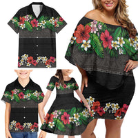 Hawaiian Tropical Flowers and Tribal Polynesian Tattoo Family Matching Off Shoulder Short Dress and Hawaiian Shirt Black Color LT03 - Polynesian Pride
