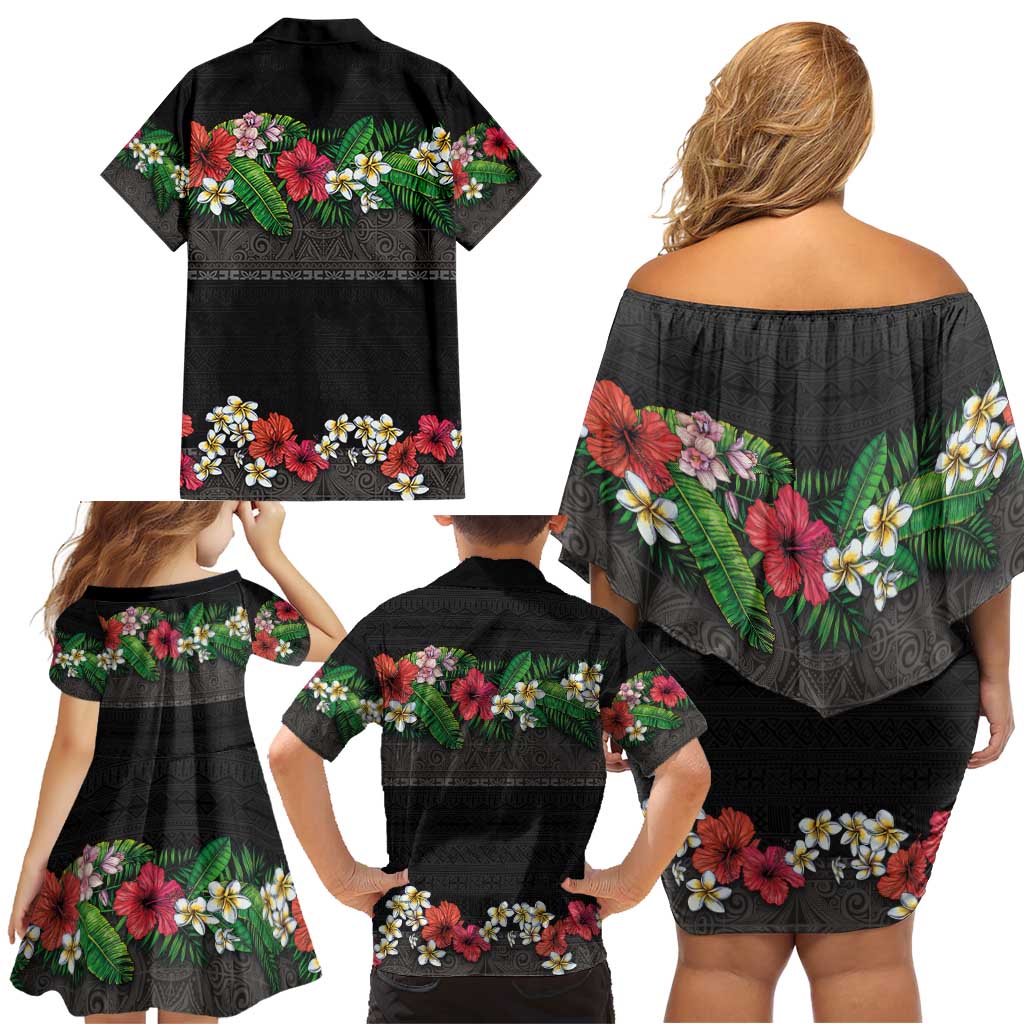 Hawaiian Tropical Flowers and Tribal Polynesian Tattoo Family Matching Off Shoulder Short Dress and Hawaiian Shirt Black Color LT03 - Polynesian Pride
