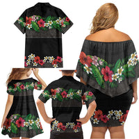 Hawaiian Tropical Flowers and Tribal Polynesian Tattoo Family Matching Off Shoulder Short Dress and Hawaiian Shirt Black Color LT03 - Polynesian Pride