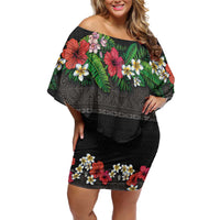 Hawaiian Tropical Flowers and Tribal Polynesian Tattoo Family Matching Off Shoulder Short Dress and Hawaiian Shirt Black Color LT03 Mom's Dress Black - Polynesian Pride