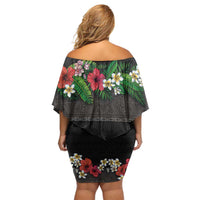 Hawaiian Tropical Flowers and Tribal Polynesian Tattoo Family Matching Off Shoulder Short Dress and Hawaiian Shirt Black Color LT03 - Polynesian Pride
