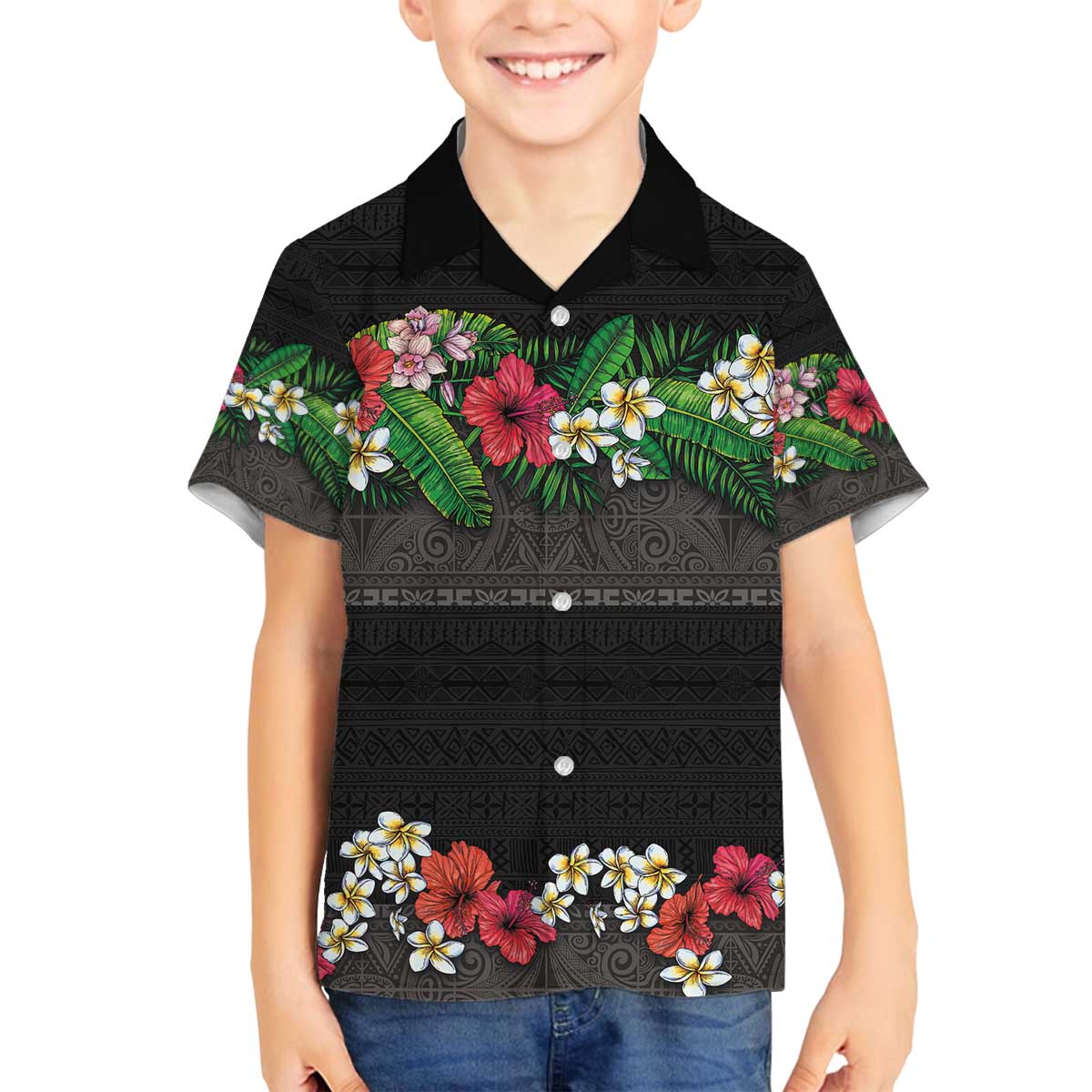 Hawaiian Tropical Flowers and Tribal Polynesian Tattoo Family Matching Off Shoulder Short Dress and Hawaiian Shirt Black Color LT03 Son's Shirt Black - Polynesian Pride