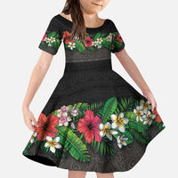 Hawaiian Tropical Flowers and Tribal Polynesian Tattoo Family Matching Puletasi and Hawaiian Shirt Black Color LT03 Daughter's Dress Black - Polynesian Pride