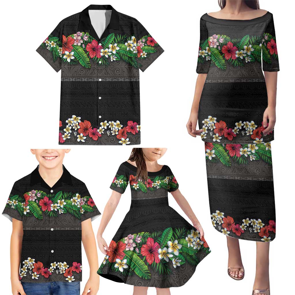 Hawaiian Tropical Flowers and Tribal Polynesian Tattoo Family Matching Puletasi and Hawaiian Shirt Black Color LT03 - Polynesian Pride
