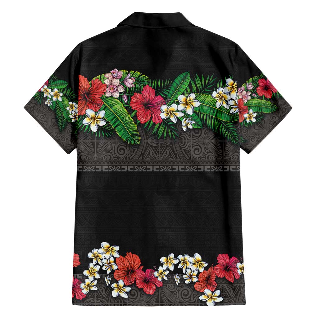 Hawaiian Tropical Flowers and Tribal Polynesian Tattoo Family Matching Puletasi and Hawaiian Shirt Black Color LT03 - Polynesian Pride
