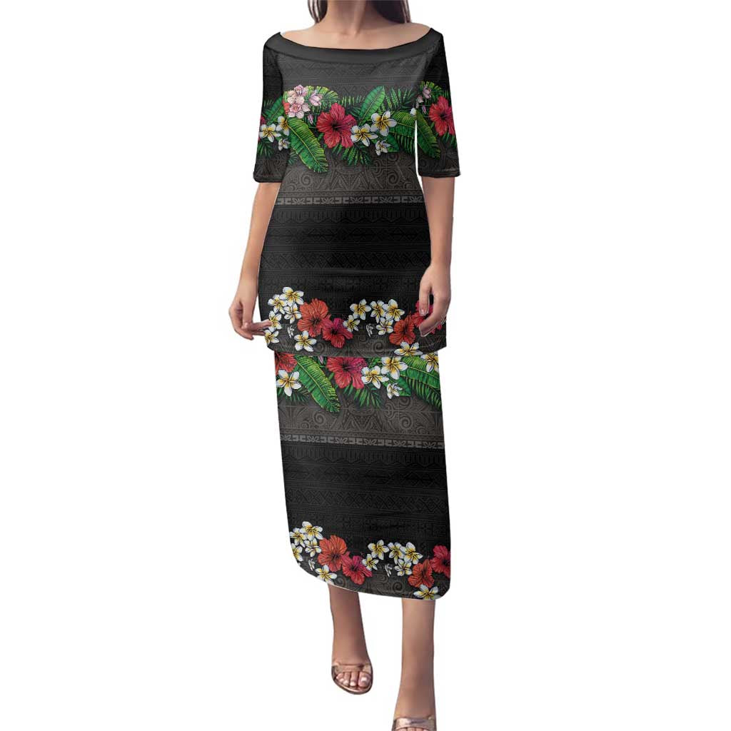 Hawaiian Tropical Flowers and Tribal Polynesian Tattoo Family Matching Puletasi and Hawaiian Shirt Black Color LT03 Mom's Dress Black - Polynesian Pride