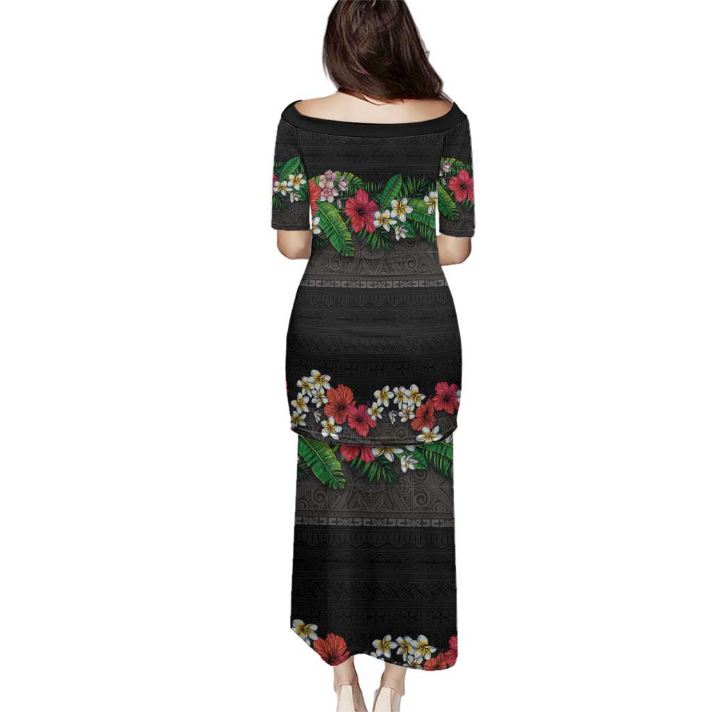 Hawaiian Tropical Flowers and Tribal Polynesian Tattoo Family Matching Puletasi and Hawaiian Shirt Black Color LT03 - Polynesian Pride